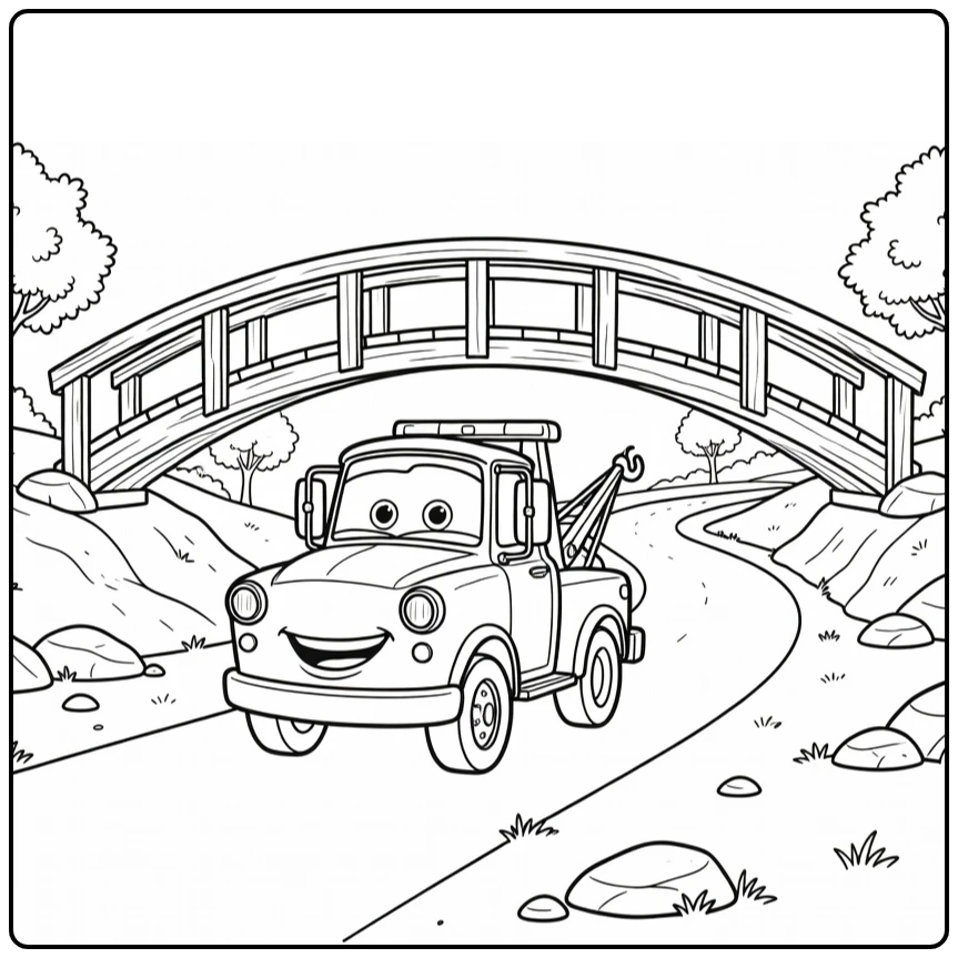 mater Cars Tow Truck Under Small Bridge with Bomen coloring page