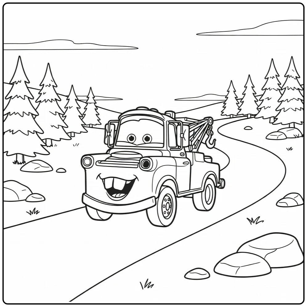 mater Cars Tow Truck on Bergpad with Rocks coloring page
