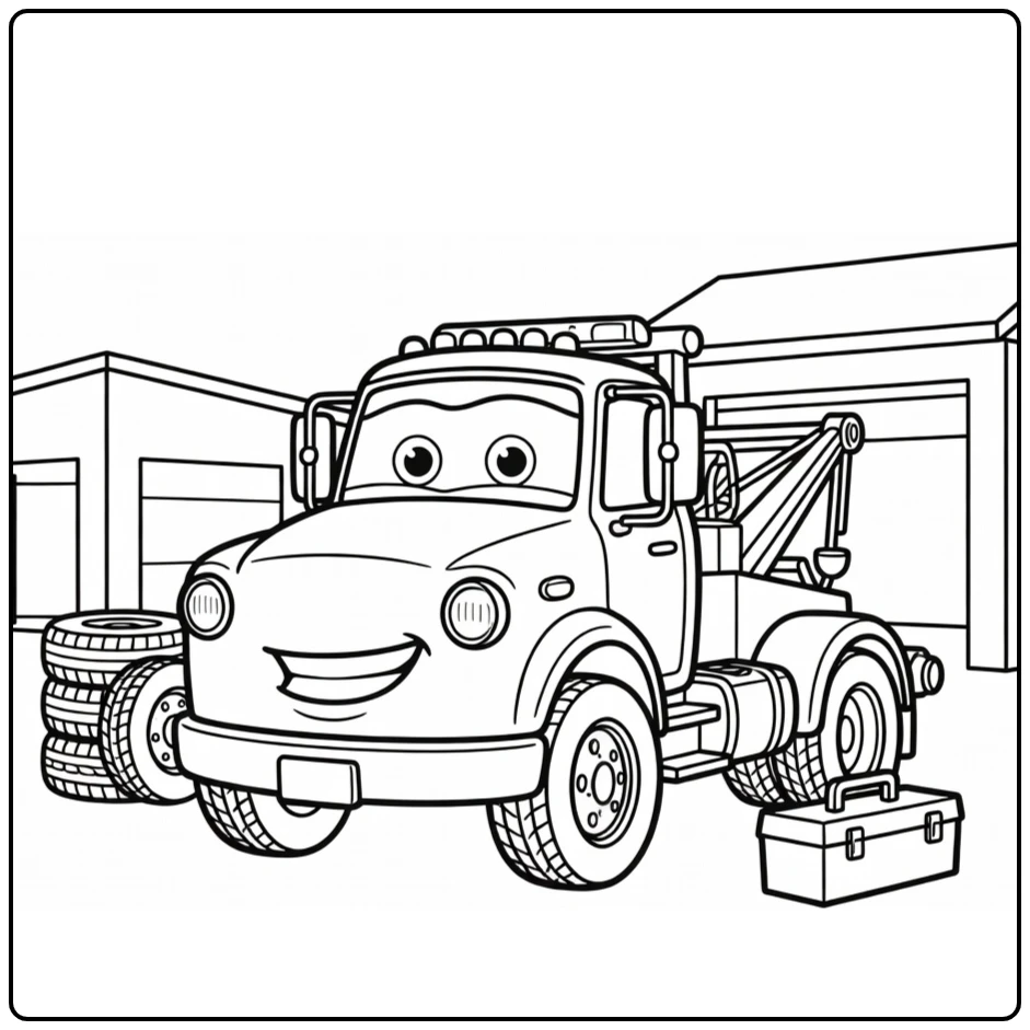 mater Cars Smiling Mater and Werkplaats coloring page