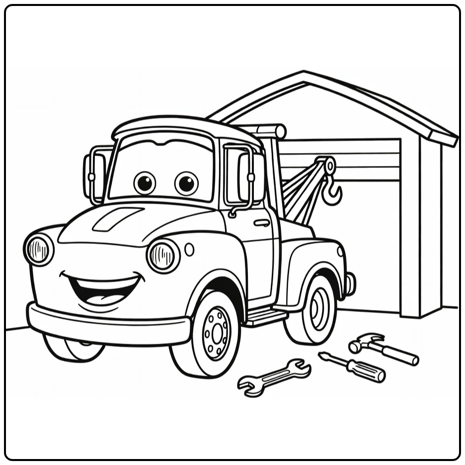Tow Mater coloring page with a happy tow truck