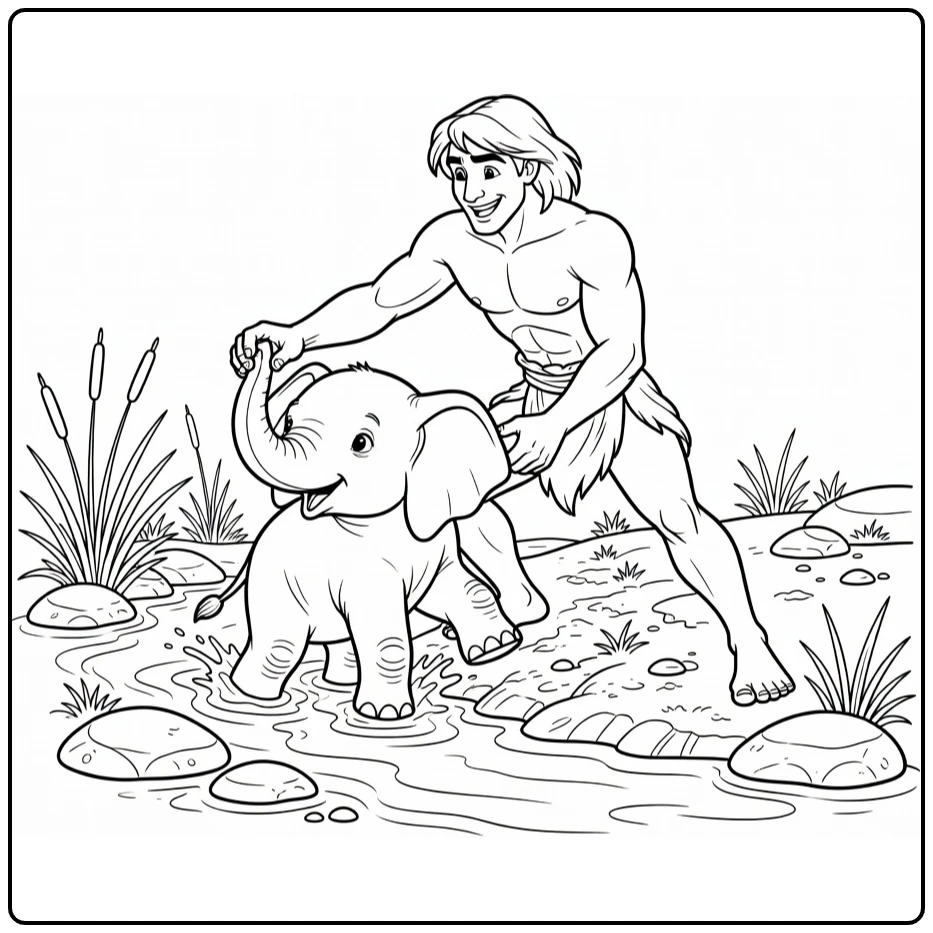 Tarzan coloring page with a hero helping a baby elephant from the mud