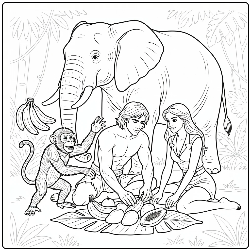 tarzan coloring page jungle picknick jane terk tantor