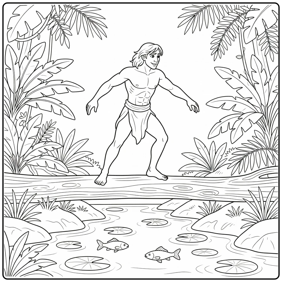 tarzan coloring page jungleheld balanceert on log with lelies