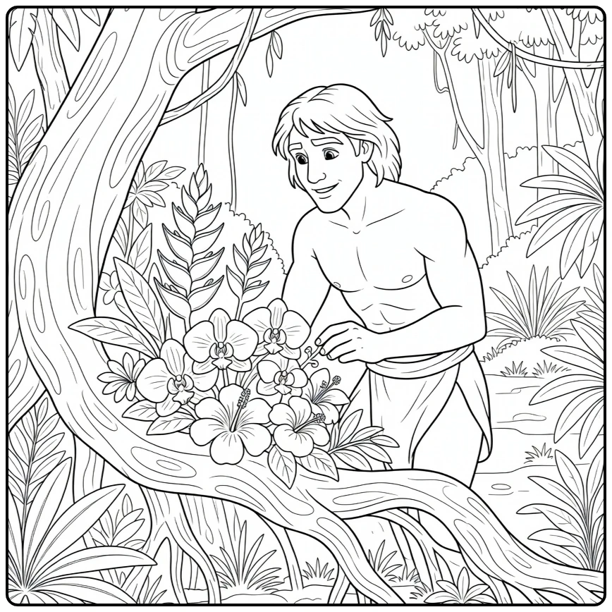 tarzan coloring page jungleheld with flowers and reusachtige wortel