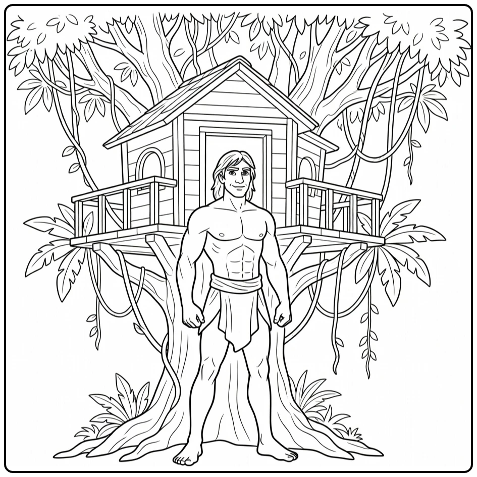 tarzan coloring page jungleheld with boomhut with bladeren