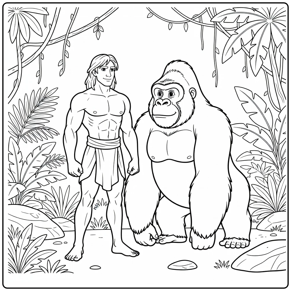 tarzan coloring page jungleheld next to vriendelijke gorilla