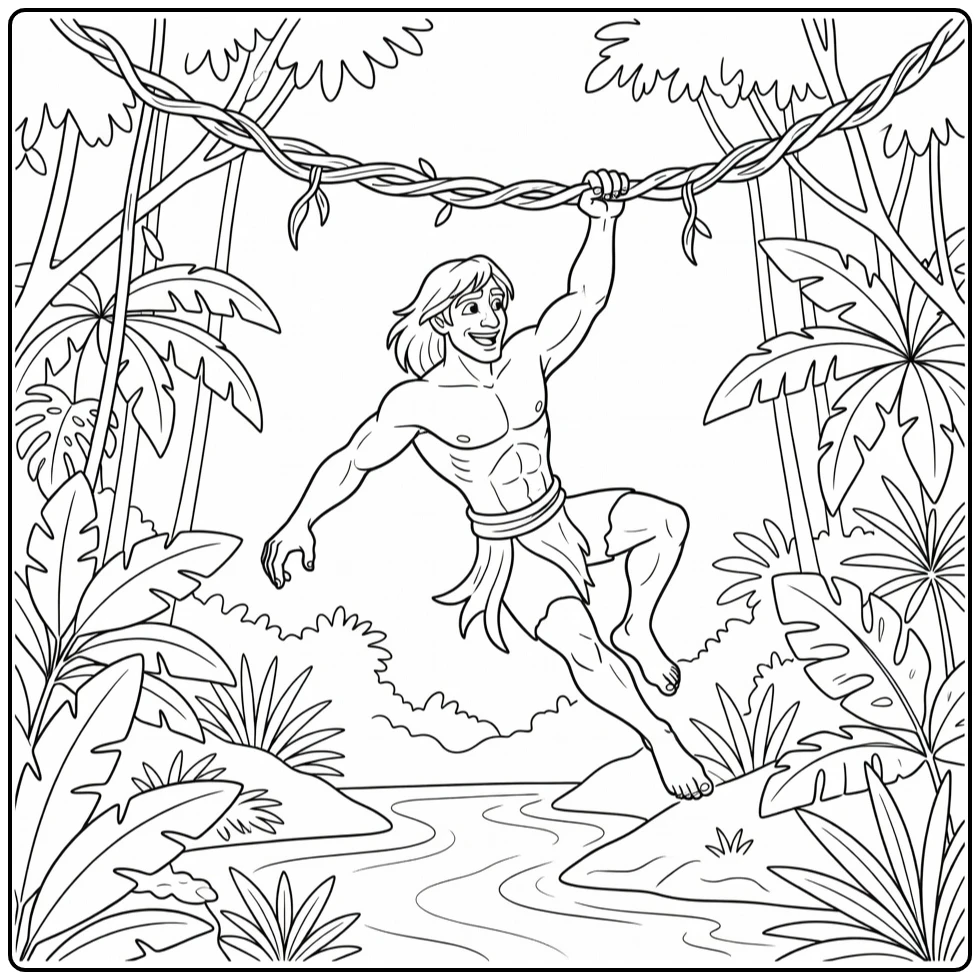 tarzan coloring page with held swingend over jungle river