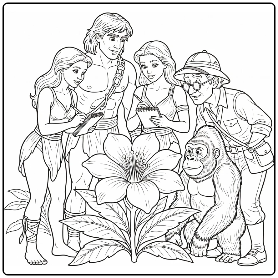 tarzan coloring page with jane porter and terk rond big flower