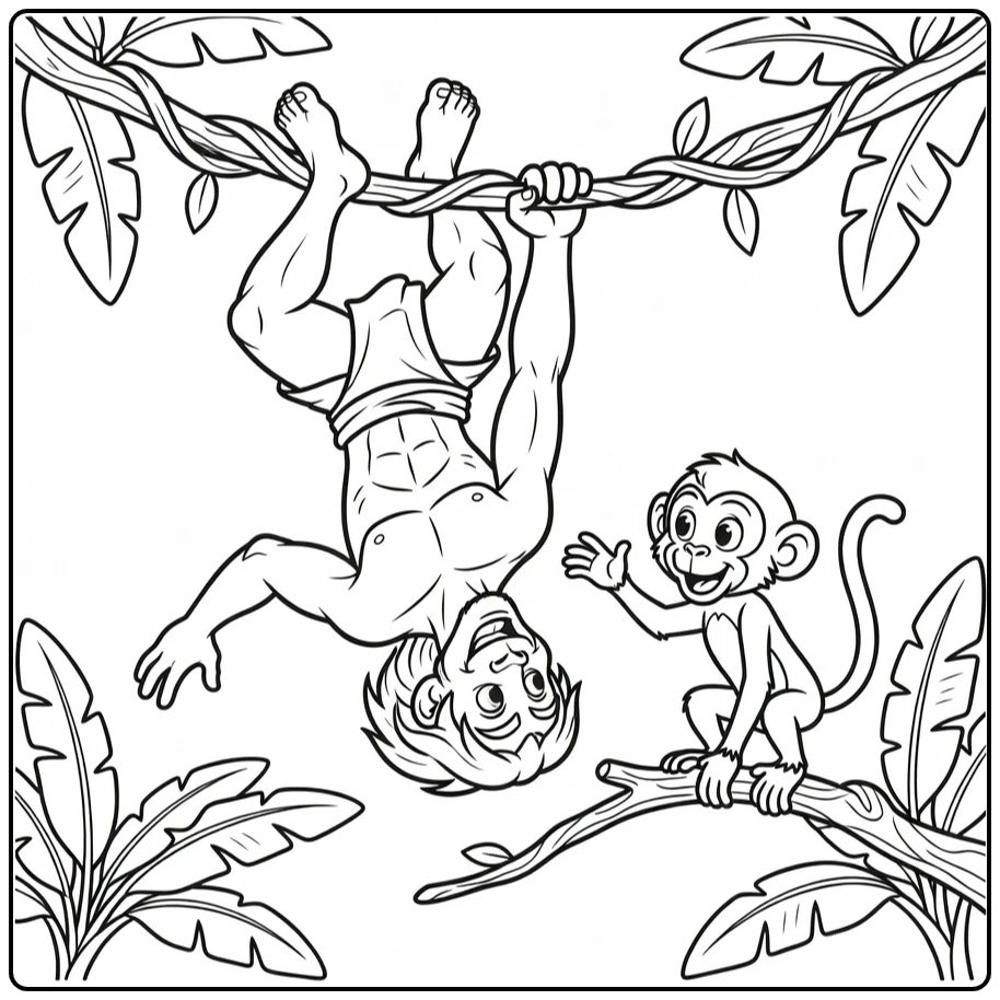tarzan coloring page with smiling tarzan and nieuwsgierige aap on liaan