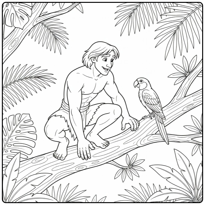 tarzan coloring page with nieuwsgierige blik on vogeltje