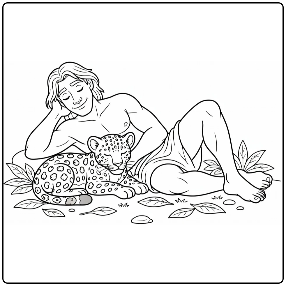 tarzan coloring page with vredige held and vriendelijke welp
