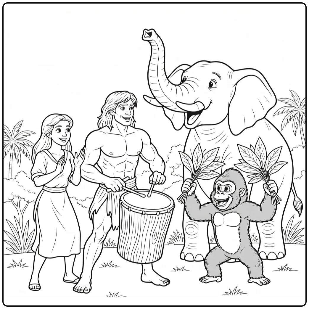 tarzan coloring page muziekfeest with jane terk and tantor