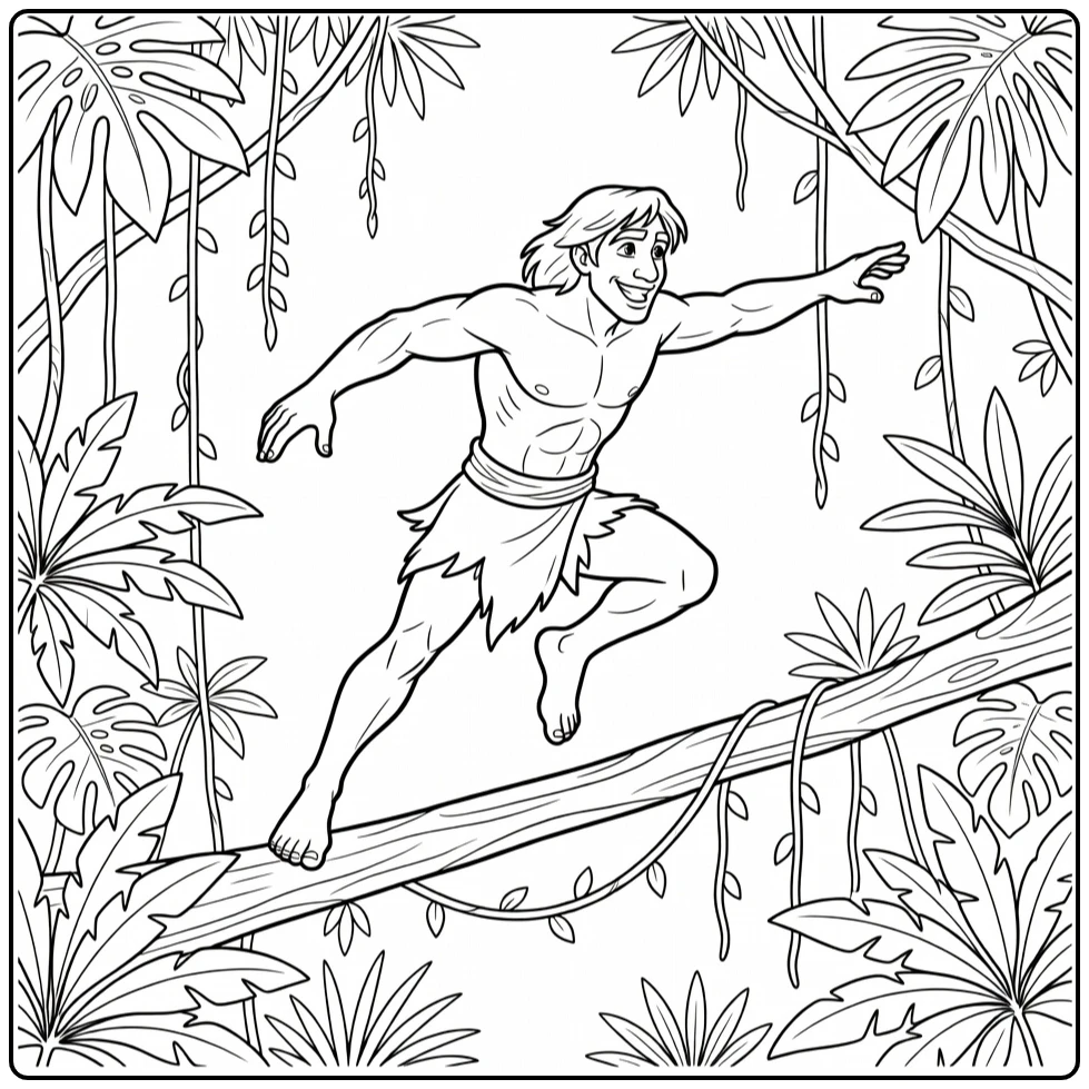 tarzan coloring page of avontuurlijke sprong tussen takken