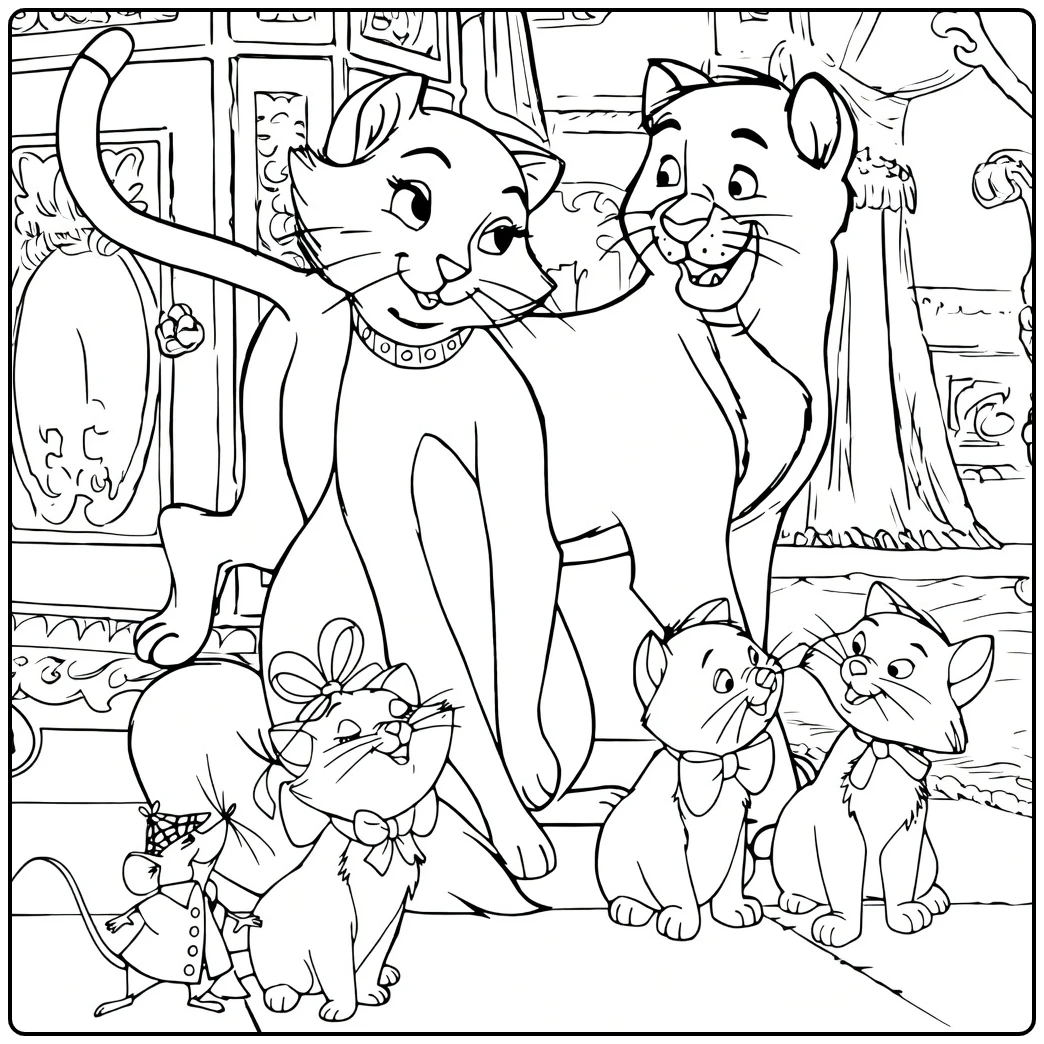 The Aristocats coloring page with the cat family and mouse
