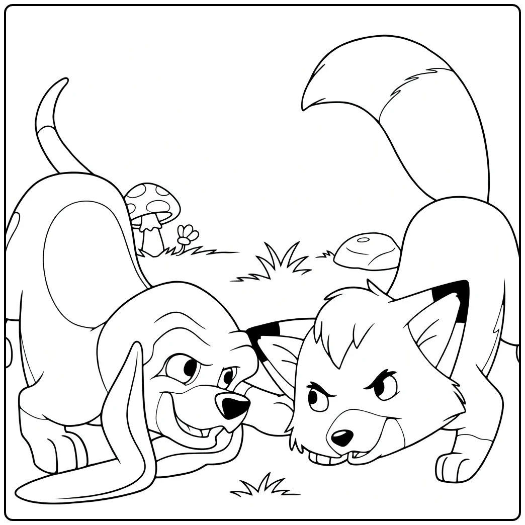 The Fox and the Hound coloring page with a dog and fox in the forest