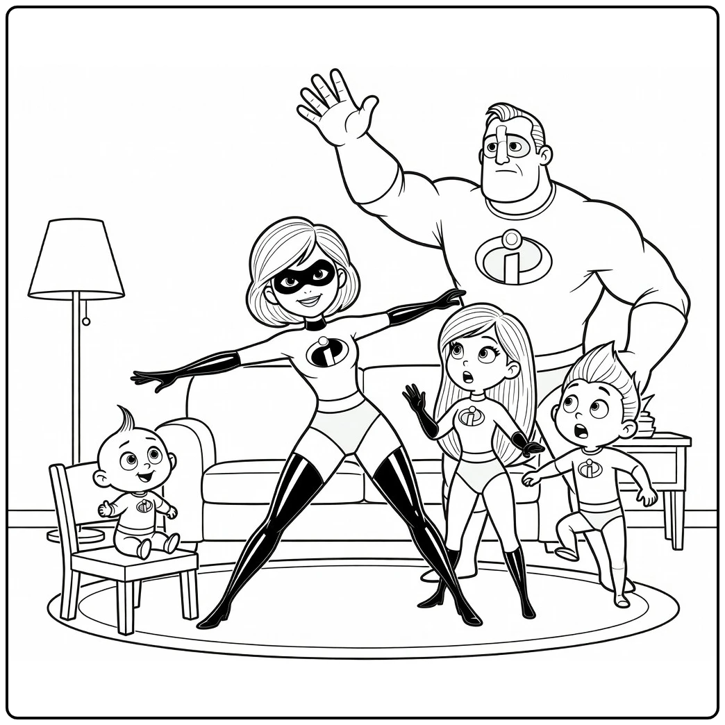 The Incredibles coloring page with Elastigirl saving Jack-Jack