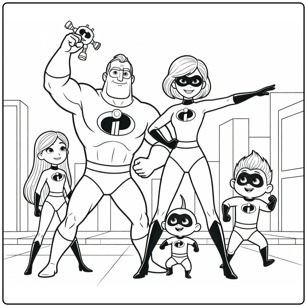 the Incredibles Heroes on the Sidewalk coloring page