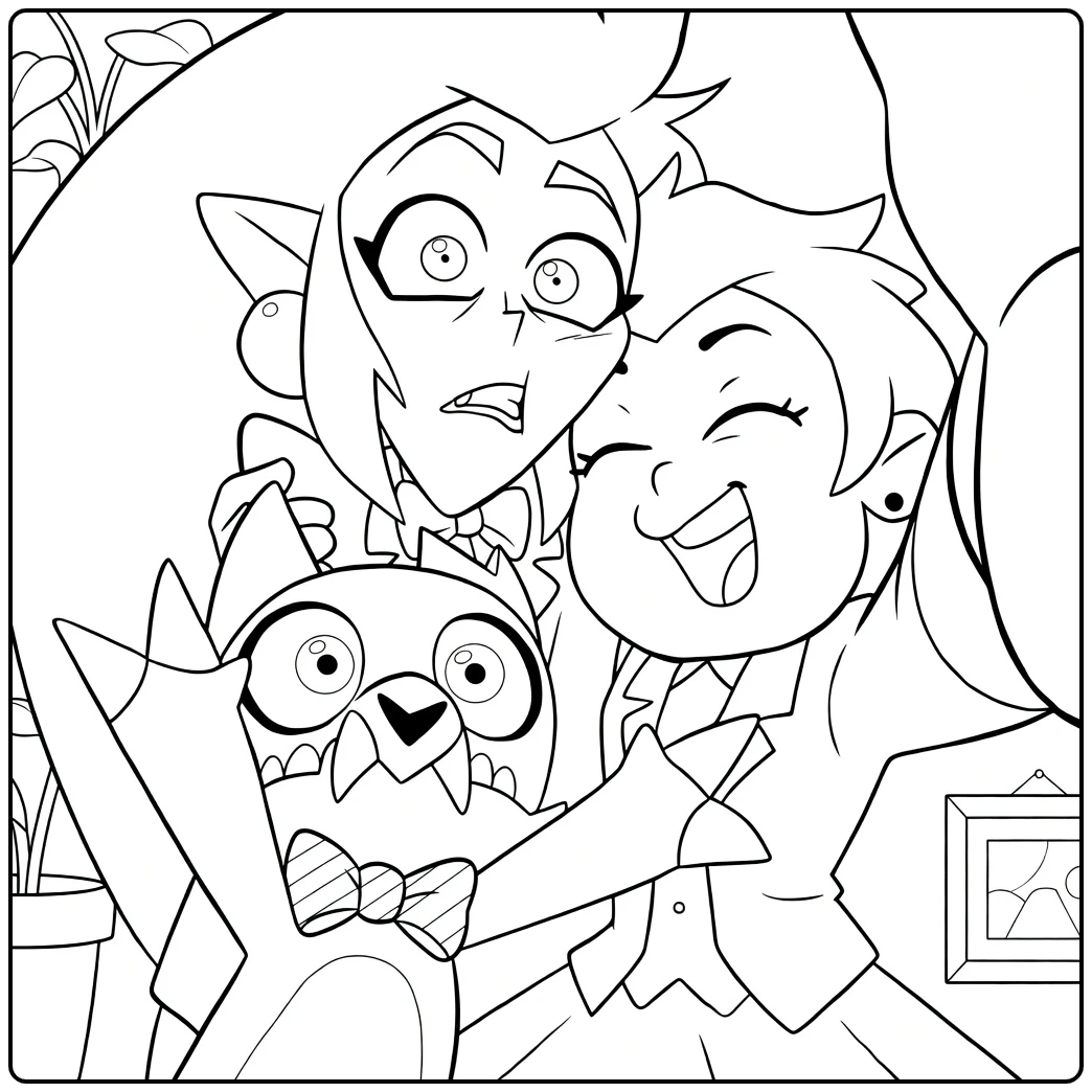 The Owl House coloring page with Luz, Amity, and King