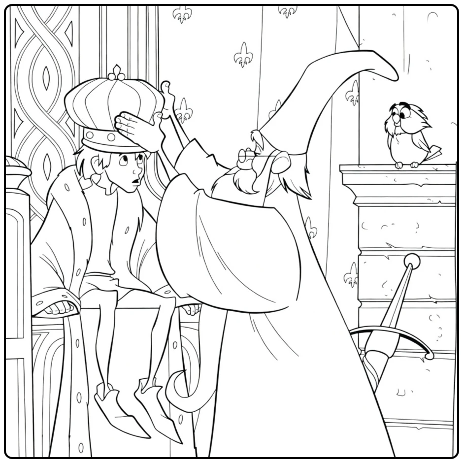 The Sword in the Stone coloring page with Merlin and Arthur