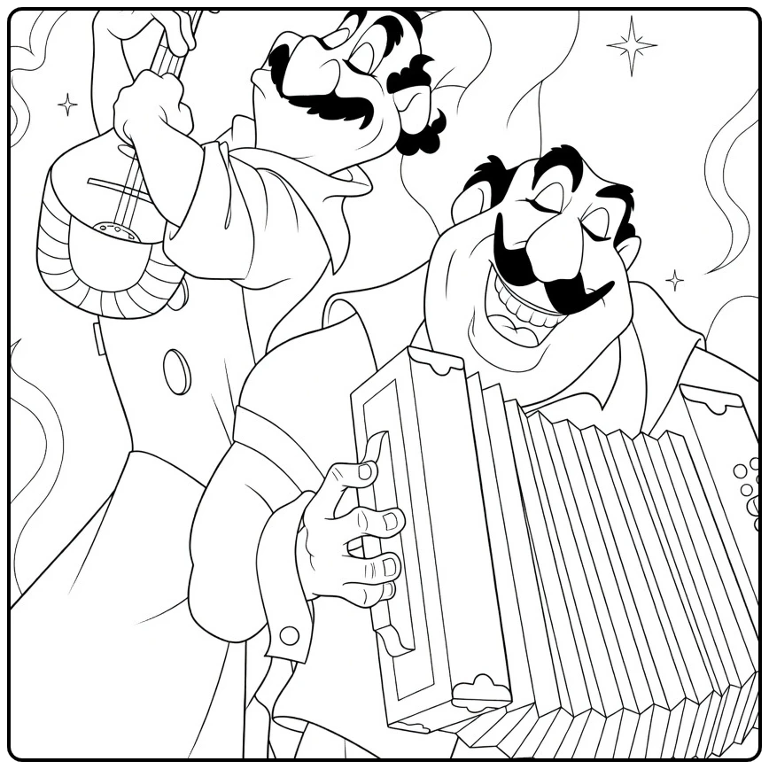 tony Cheerful Mannen with Accordeon and Guitar coloring page