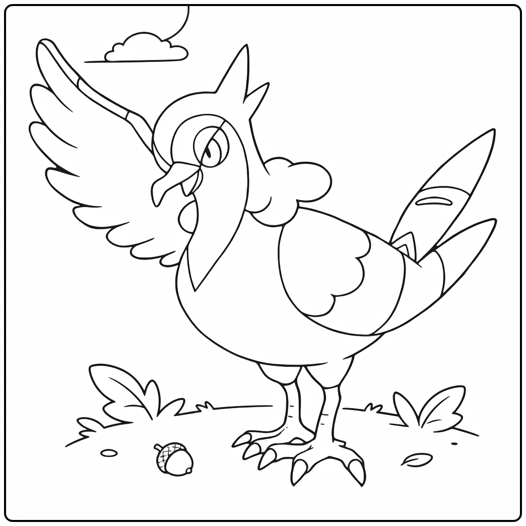 Tranquill Pokemon Bird with Acorn and Grass coloring page
