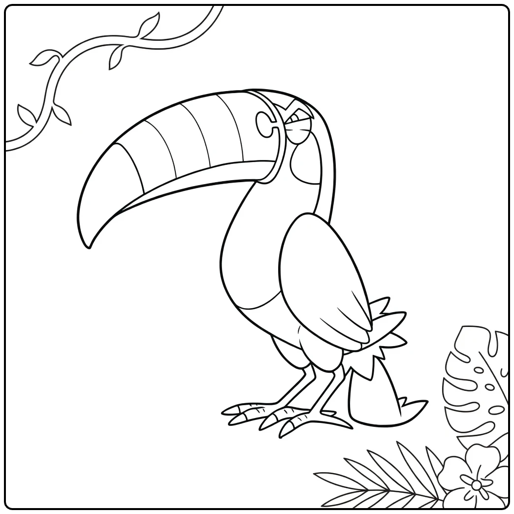 trumbeak coloring page with vines and tropische bladeren