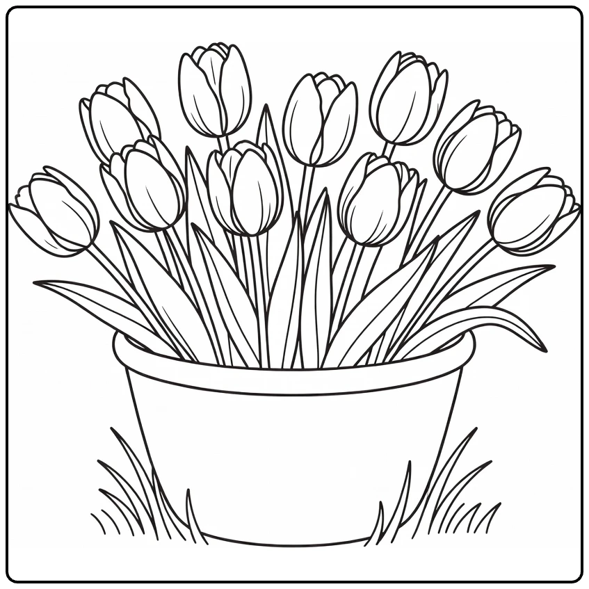Tulip coloring page showing a basket full of flowers on grass