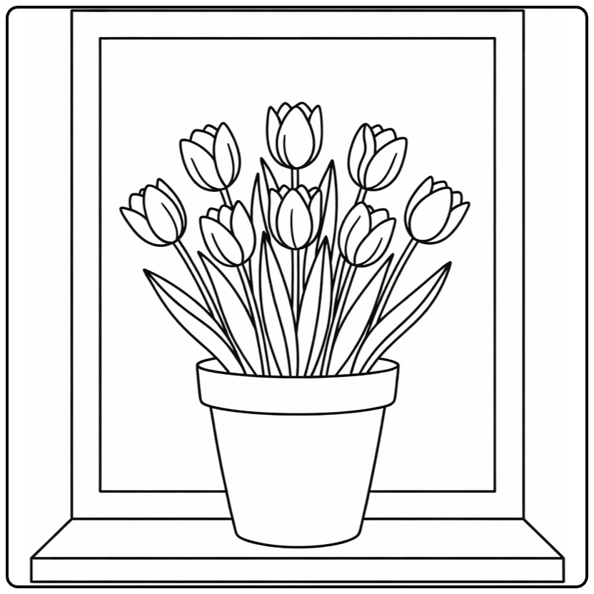 Tulip coloring page featuring a pot of flowers on a windowsill