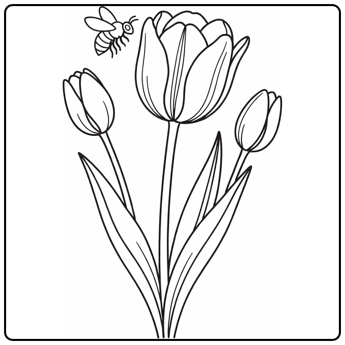 Tulip coloring page featuring a bee hovering near the flowers