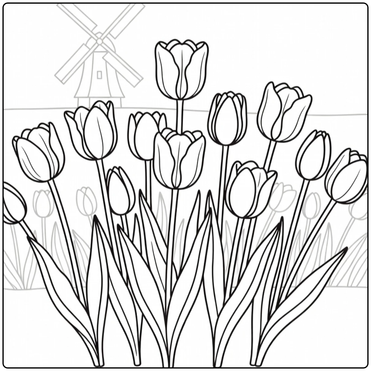 Tulip coloring page showing flowers and a windmill in a Dutch garden