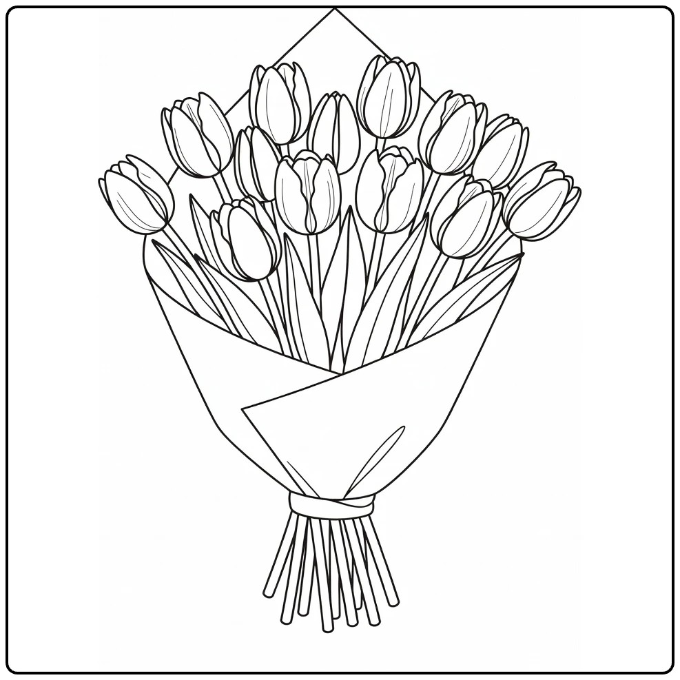 Tulip coloring page showing a wrapped flower market bouquet