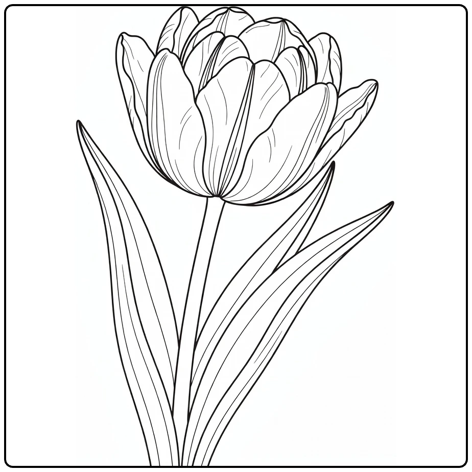 Botanical tulip coloring page featuring layered petals and leaves