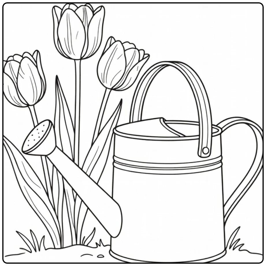 Tulip coloring page with a watering can beside blooming flowers