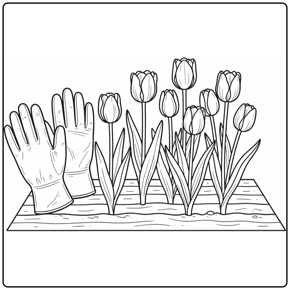 Tulip coloring page featuring garden gloves beside planted flowers
