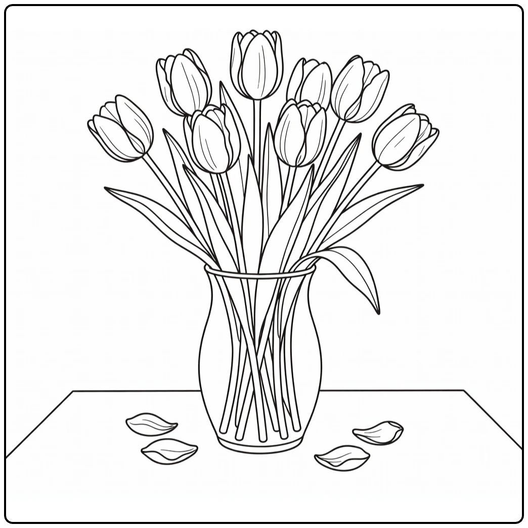 Tulip coloring page showing a vase of flowers on a table