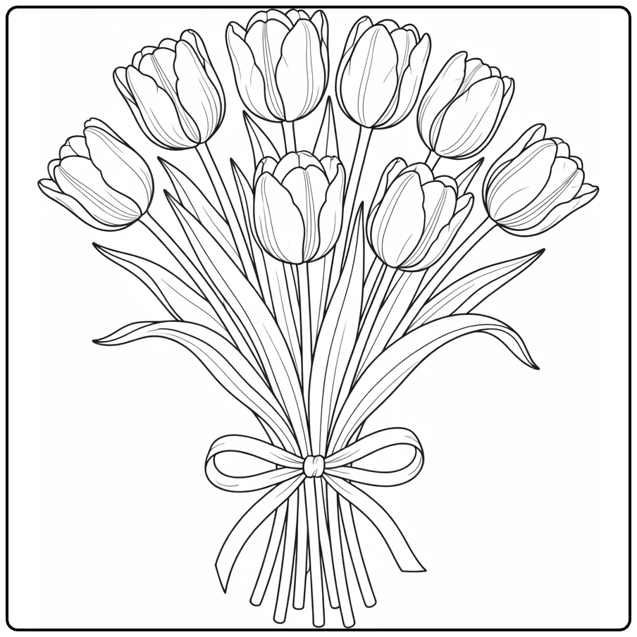 Tulip coloring page featuring a ribbon-tied bouquet of flowers
