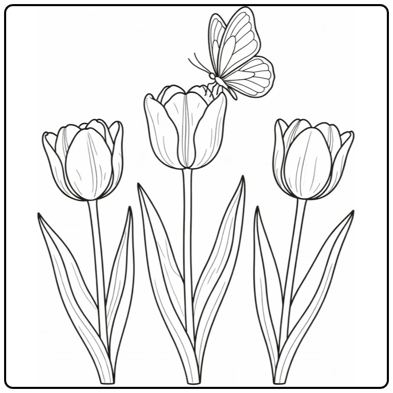 Tulip coloring page featuring a butterfly landing on a flower