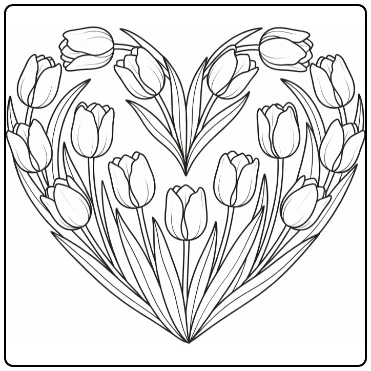Tulip coloring page showing flowers arranged in a heart shape