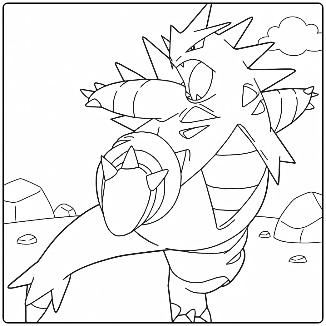 Tyranitar in Action on Rocky Terrain coloring page
