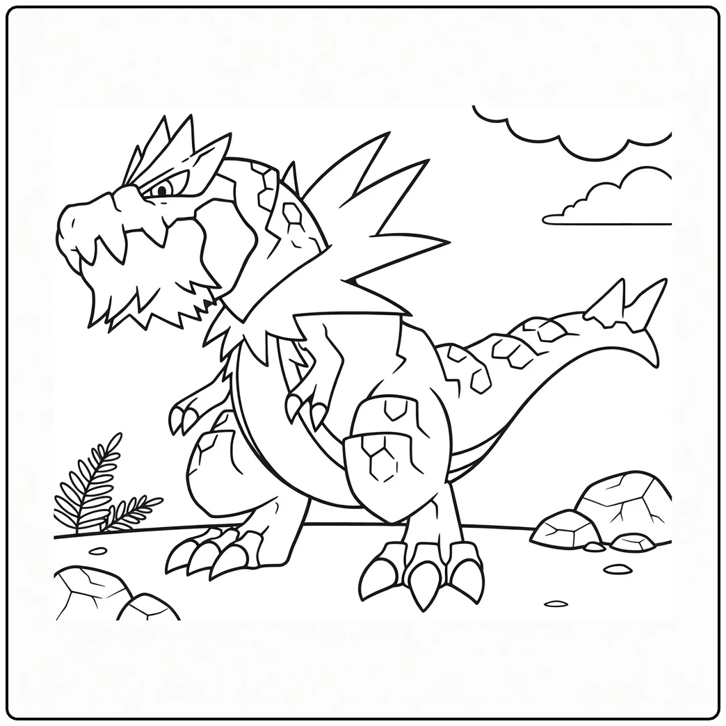 tyrantrum coloring page with clouds and oeroude scene