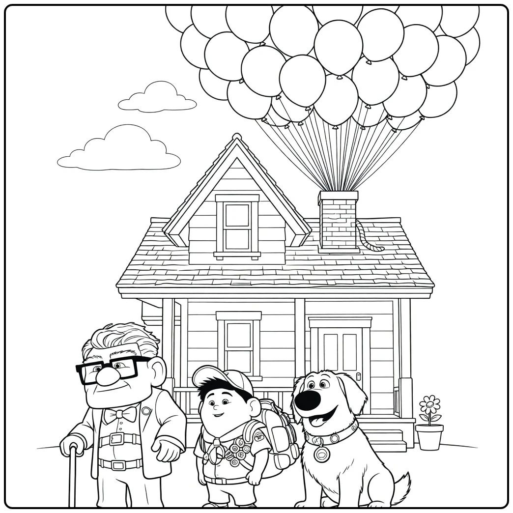 Up coloring page with Carl, Russell, and Dug in front of the house