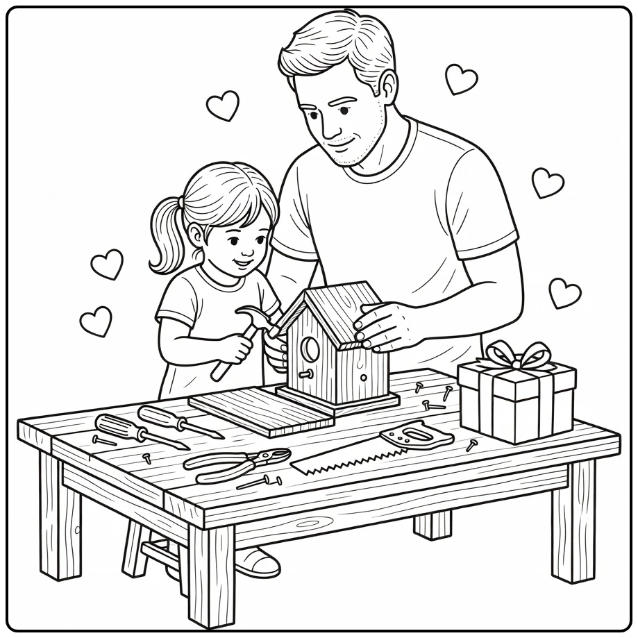 Father’s Day coloring page with father and daughter building a birdhouse