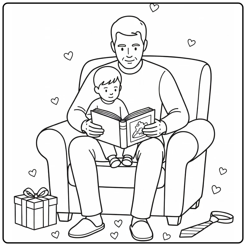 vaderdag Vader and Kind in Cozy Chair coloring page