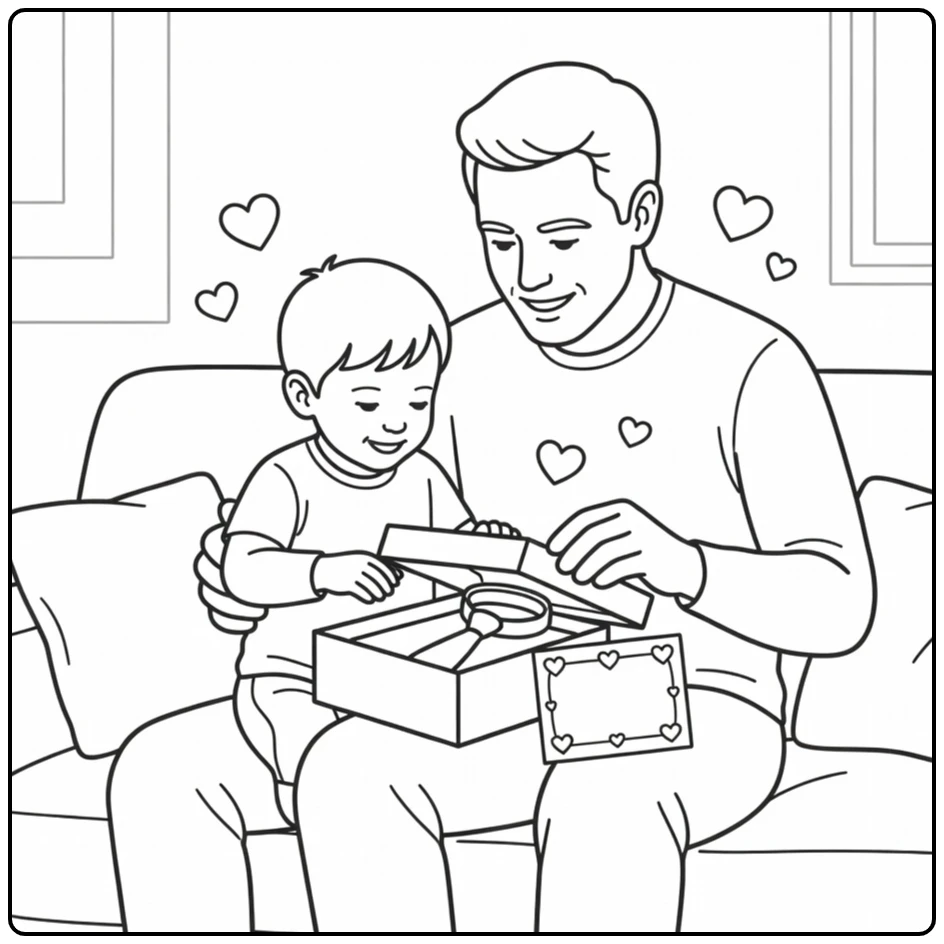 vaderdag Vader and Kind on Couch with Cadeau coloring page