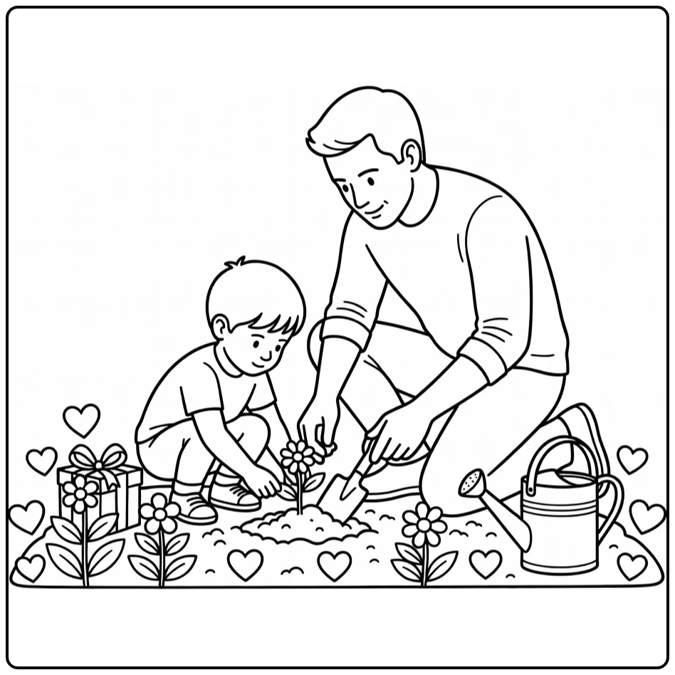 vaderdag Vader and Kind Plants Flowers with Gieter coloring page