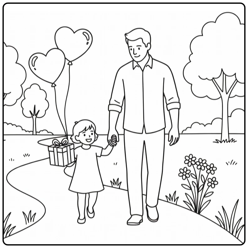 vaderdag Vader and Kind Wandelen with Geschenk coloring page