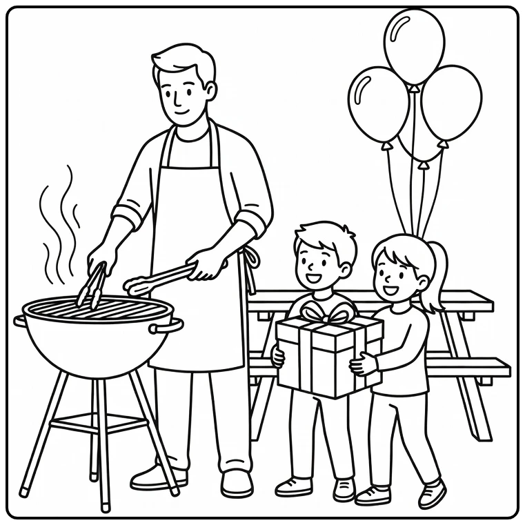 vaderdag Vader Grillend with Kids and Balloons coloring page