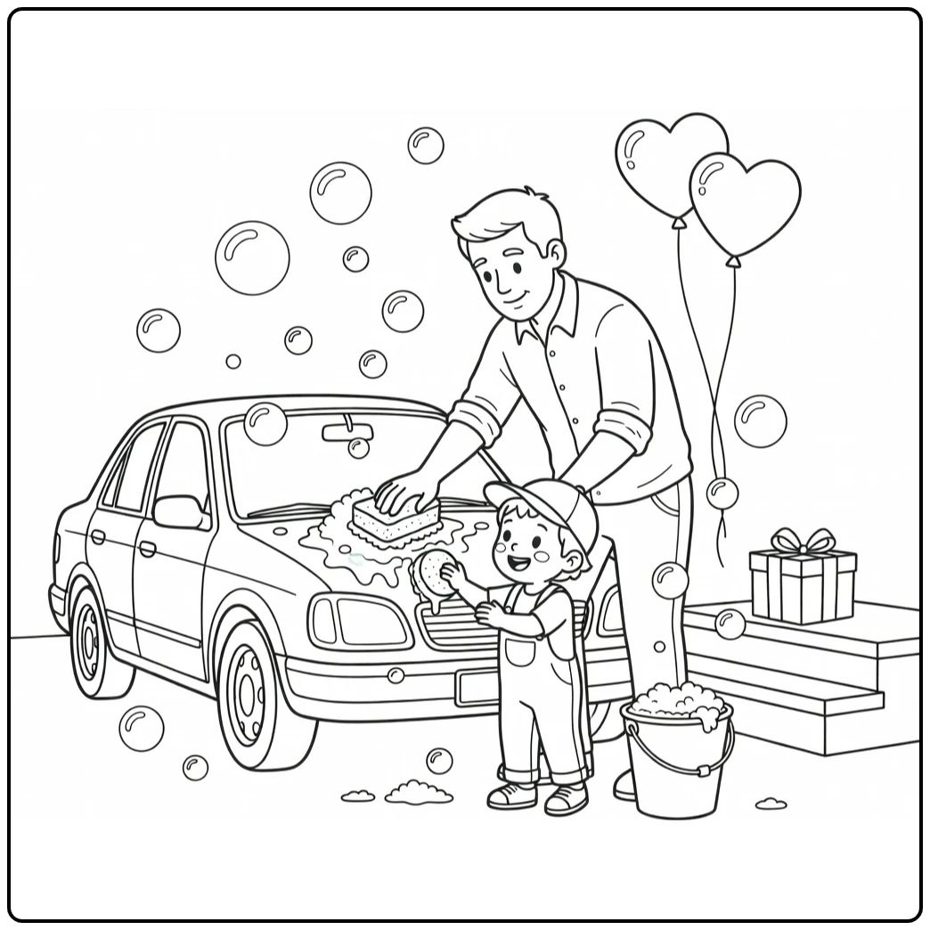 vaderdag Vader Kind Car Wassen with Cadeau coloring page