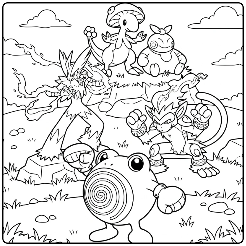 Fighting Pokemon coloring page with battling monsters in epic action