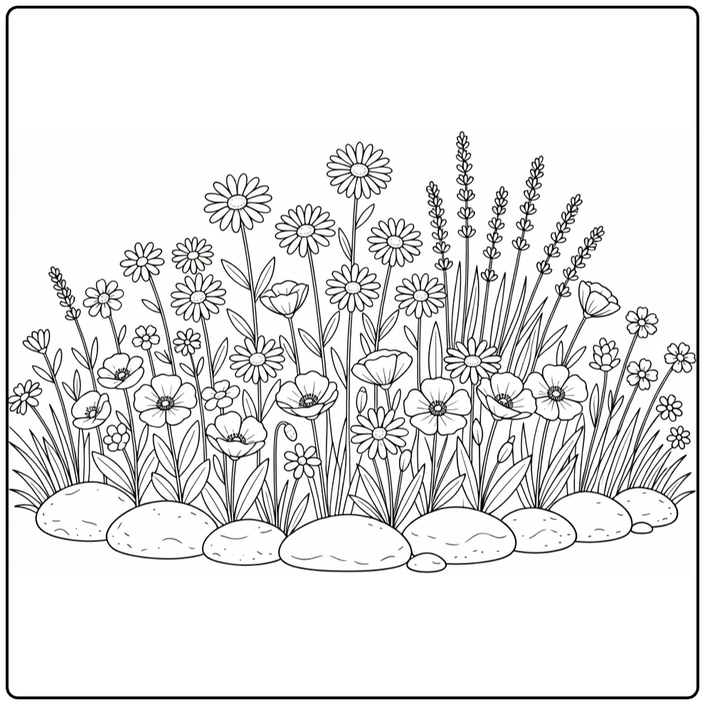 Field flower coloring page featuring a country bed edged with stones